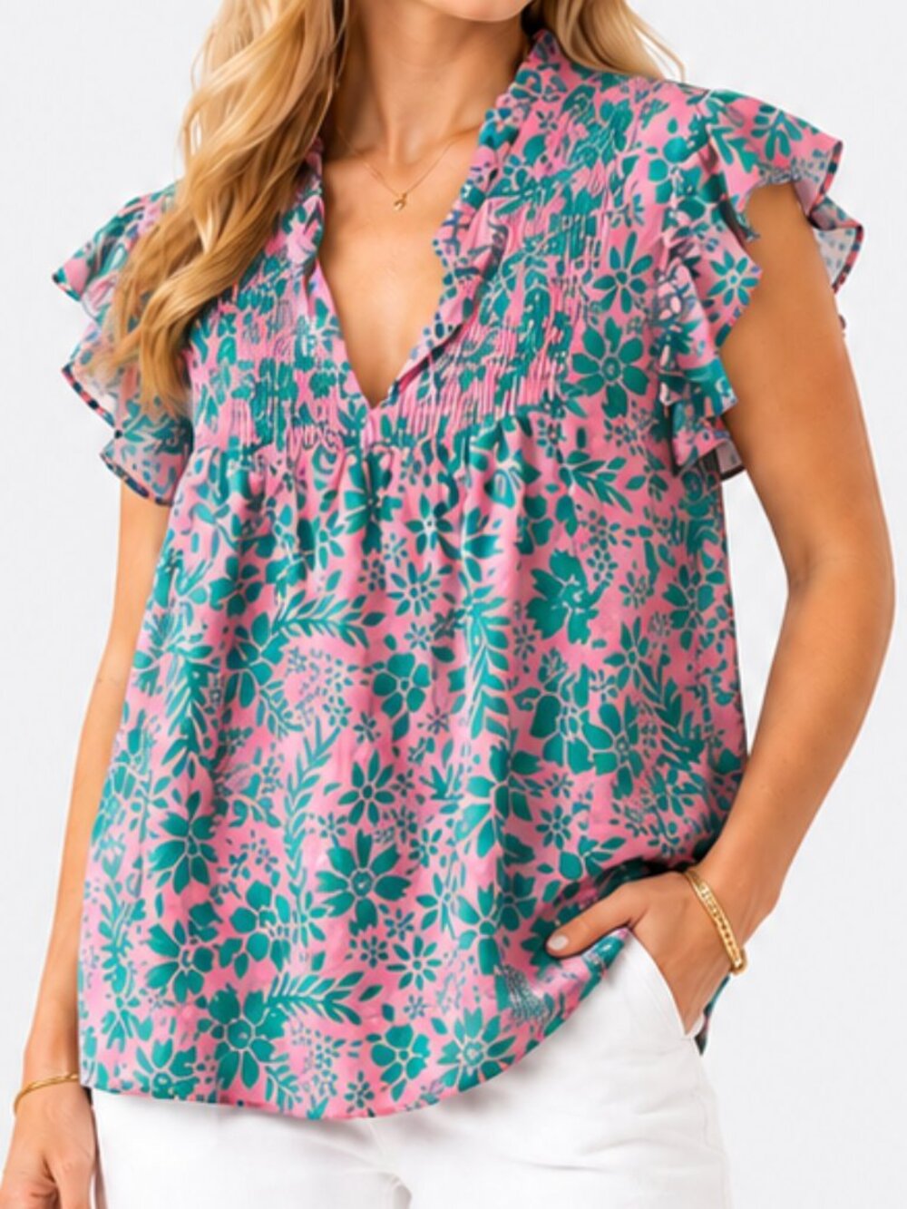 XiRENA Bex Blouse Pink Green Floral Ruffle Cap Sleeve Popover Size XS NWOT